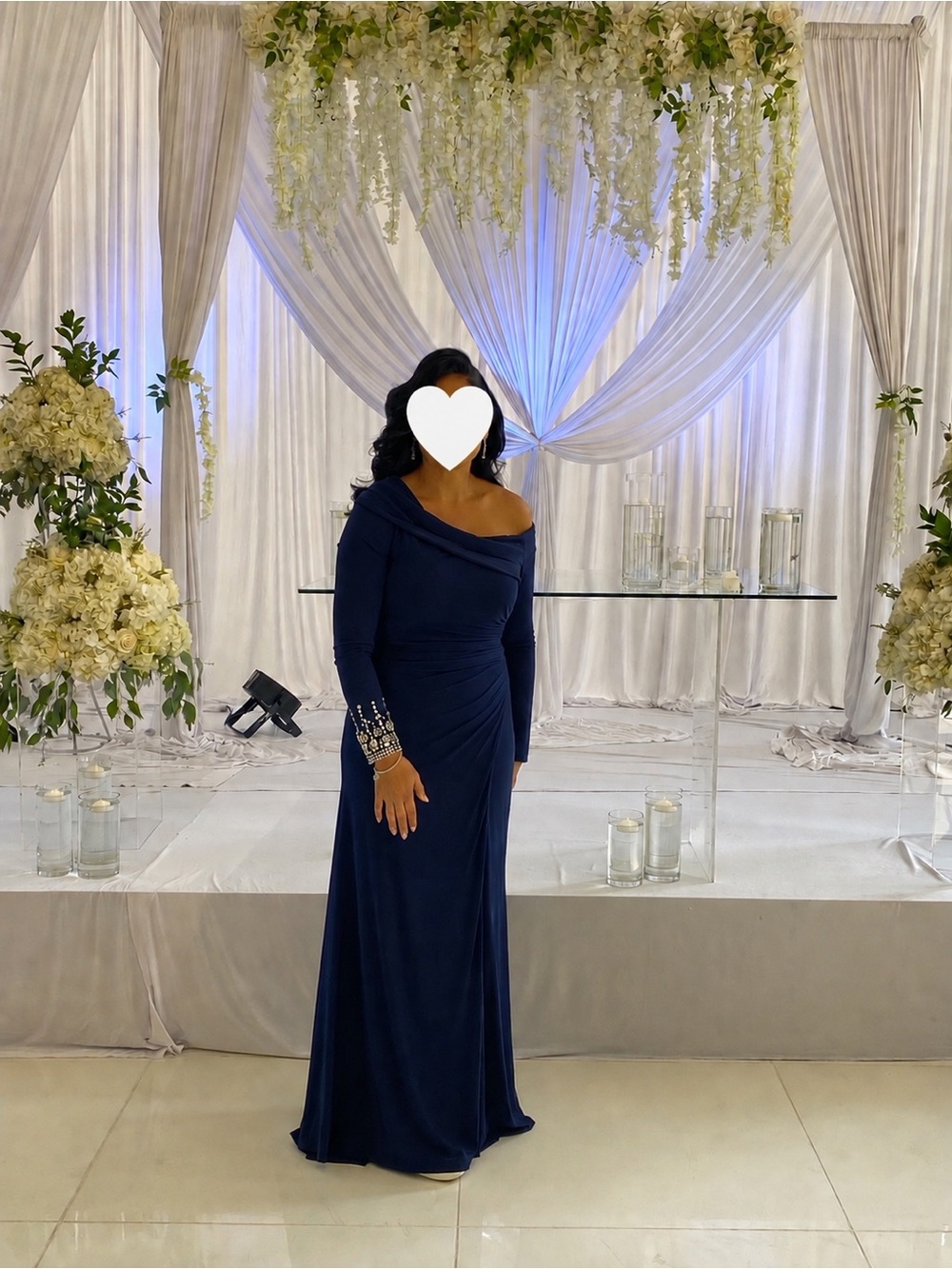 Mac Duggal Navy One-Shoulder Long Sleeve Evening Gown with Embellished Cuff